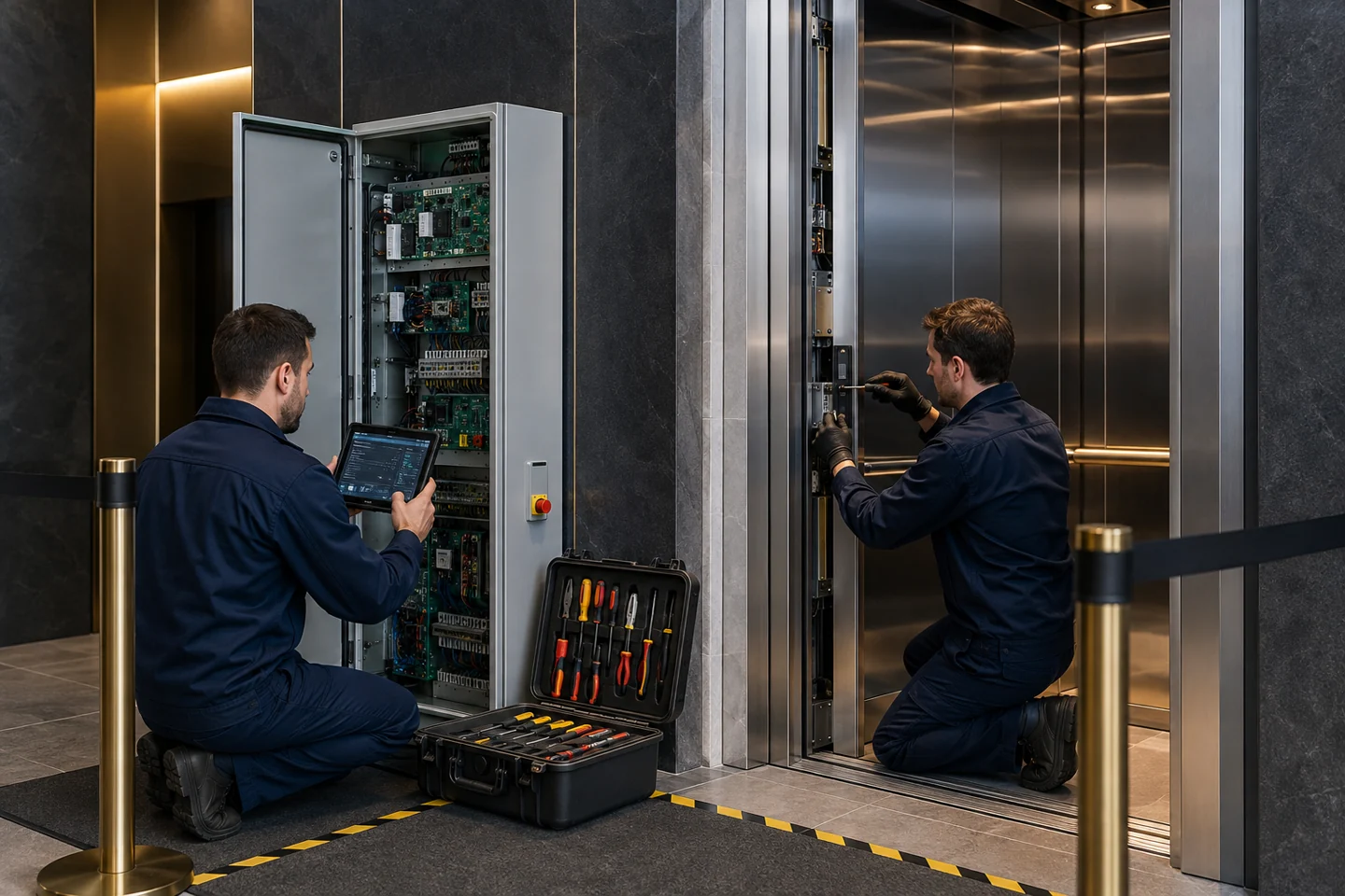 FUJI-HITECH technicians diagnosing and repairing elevator controls and doors