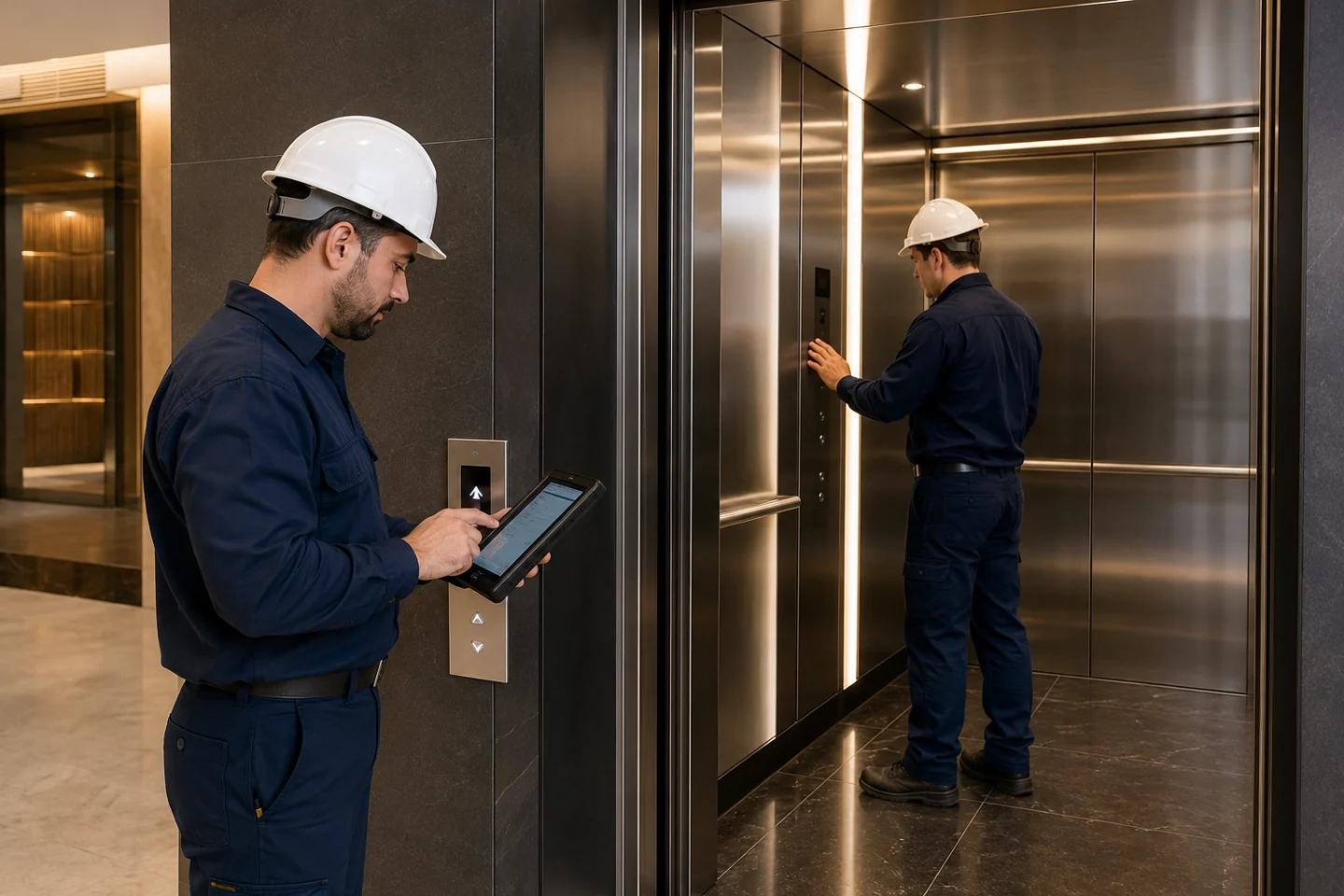 FUJI-HITECH technicians testing and commissioning a completed elevator