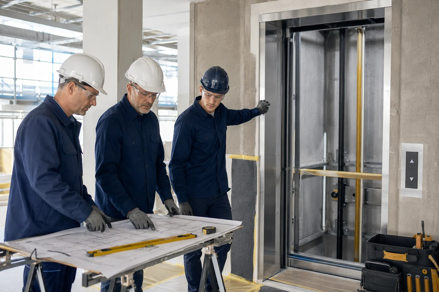 FUJI-HITECH installation team reviewing elevator site readiness