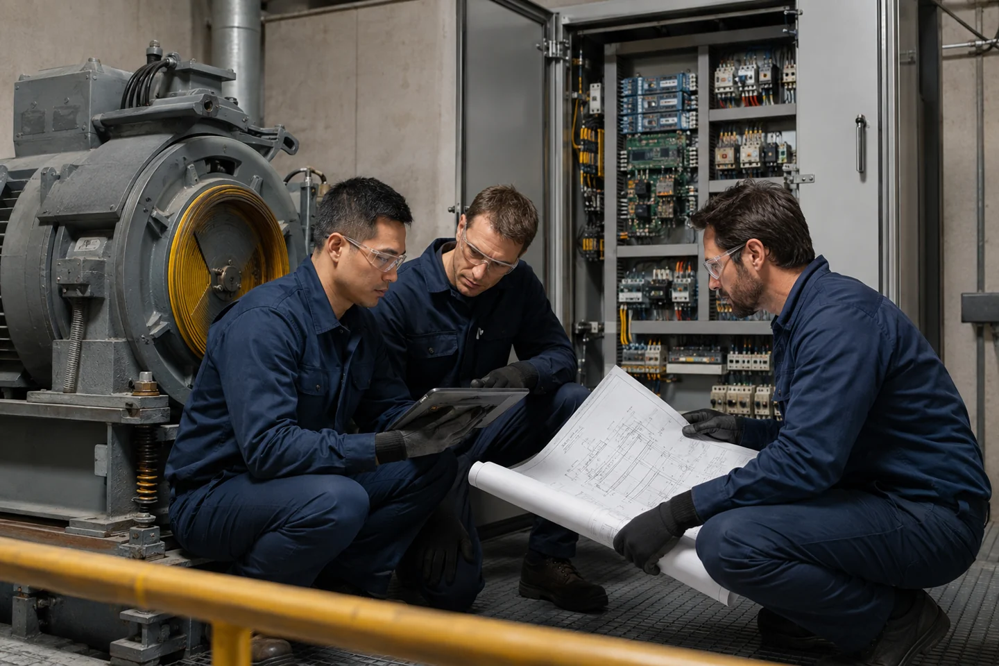 Technicians assessing an existing elevator for modernisation