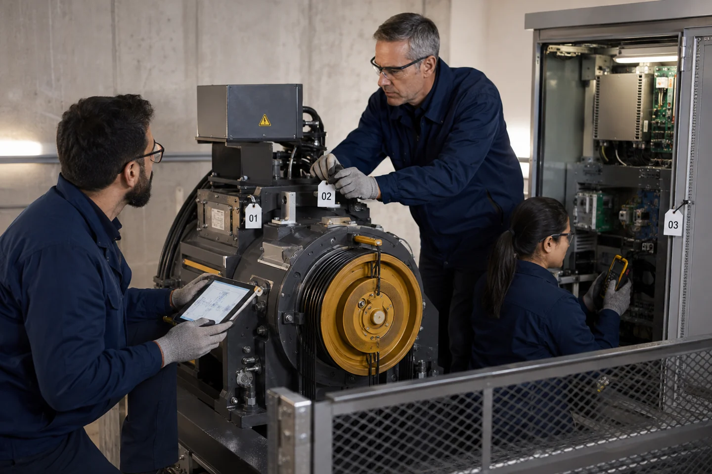 Technicians assessing elevator equipment before relocation