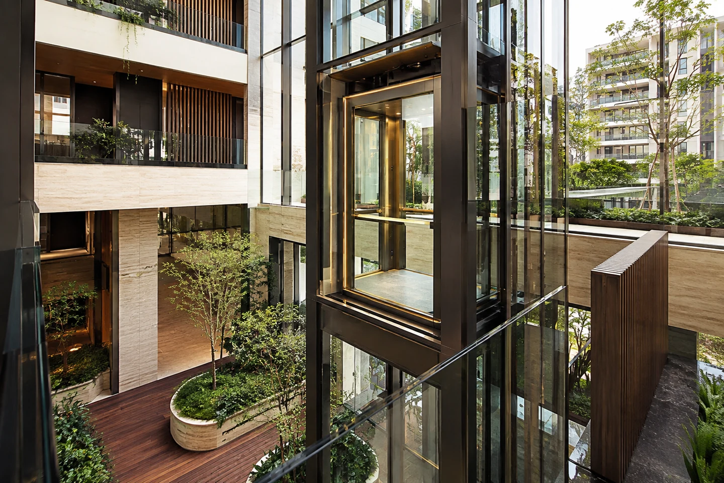 Glass observation elevator in a residential development