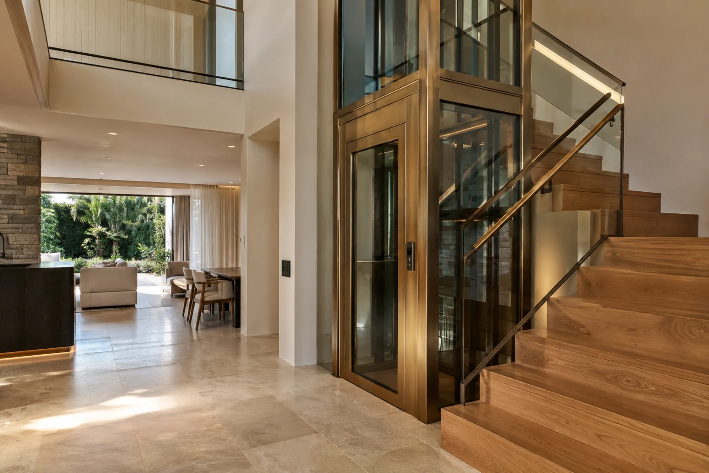 Home elevator application beside a residential staircase